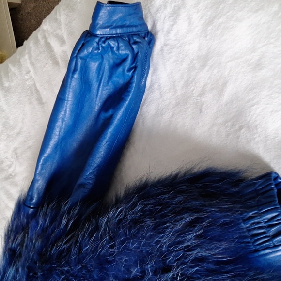 Blue Leather & Rabbit Fur Coat - Picture 4 of 12